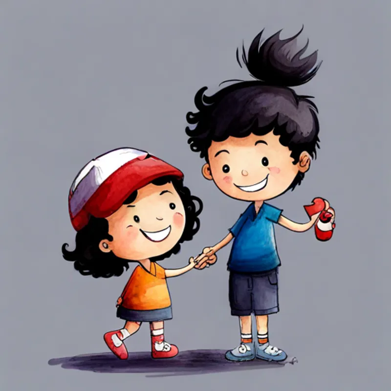 Aida, an adventurous girl with curly black hair. and Omar, a friendly boy wearing a white hat. laughing and playing games