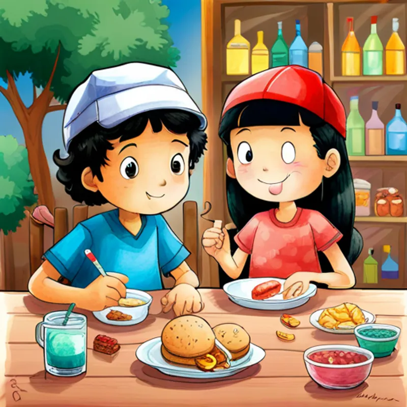 Aida, an adventurous girl with curly black hair. and Omar, a friendly boy wearing a white hat. sitting at a table with snacks
