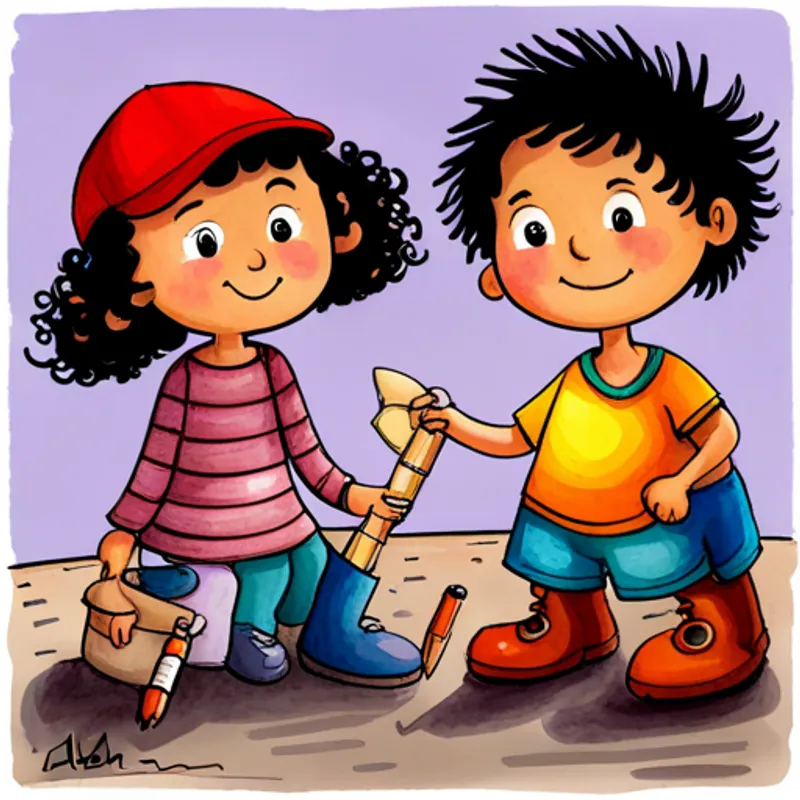 Aida, an adventurous girl with curly black hair. and Omar, a friendly boy wearing a white hat. showing their favorite toys