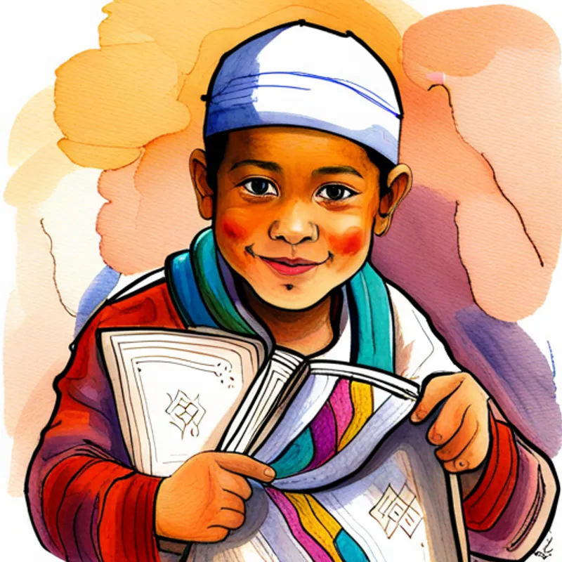 Omar, a friendly boy wearing a white hat. holding a prayer rug with colorful patterns