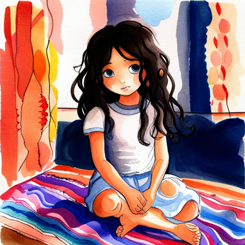 Aida, an adventurous girl with curly black hair. admiring the colorful prayer rug