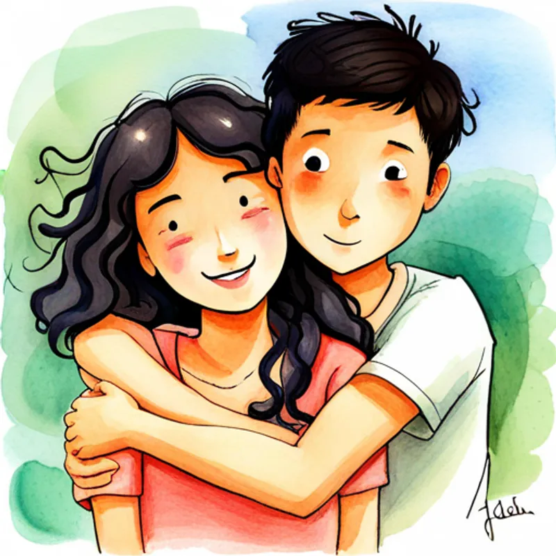Aida, an adventurous girl with curly black hair. and Omar, a friendly boy wearing a white hat. hugging and smiling