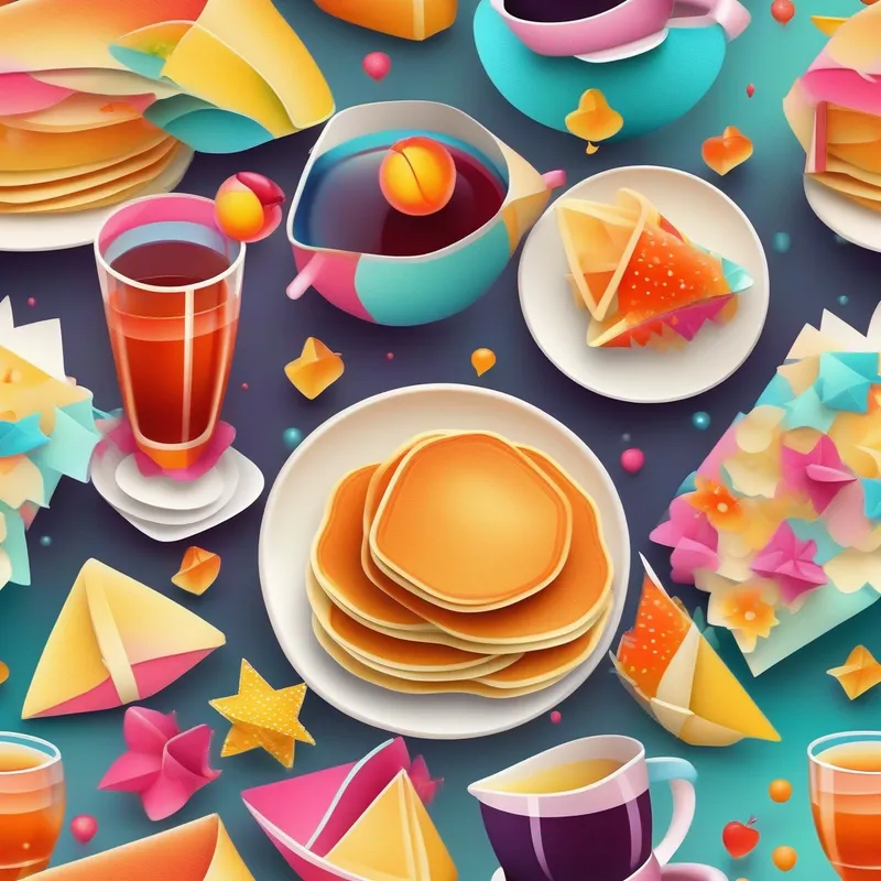 Fluffy pancakes with syrup, colorful glasses of juice