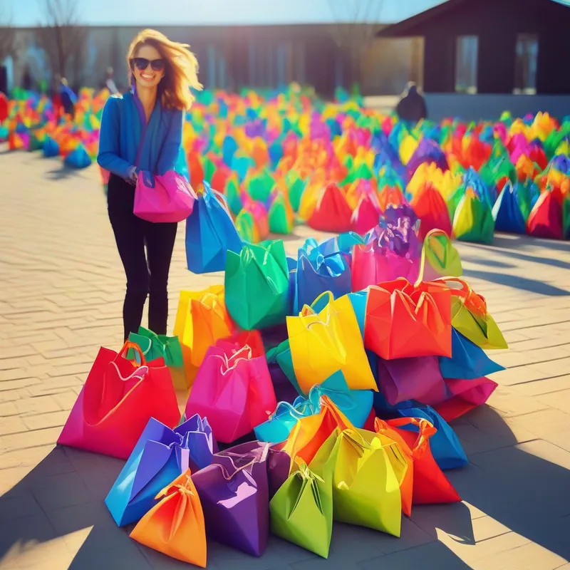 Satisfied smiles, colorful bags, sunny outdoors
