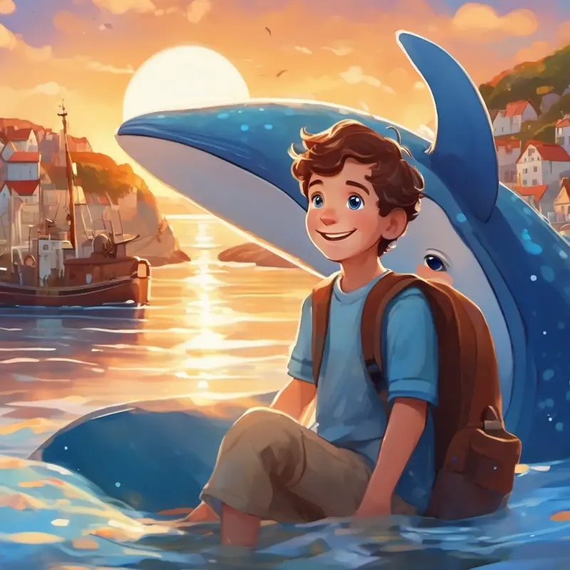 Coastal town, boy named Brave, brown hair, blue eyes, freckles Happy smile and friendly blue whale Gentle, huge, blue with white spots, kind eyes Playful splash meet. Setting sun.