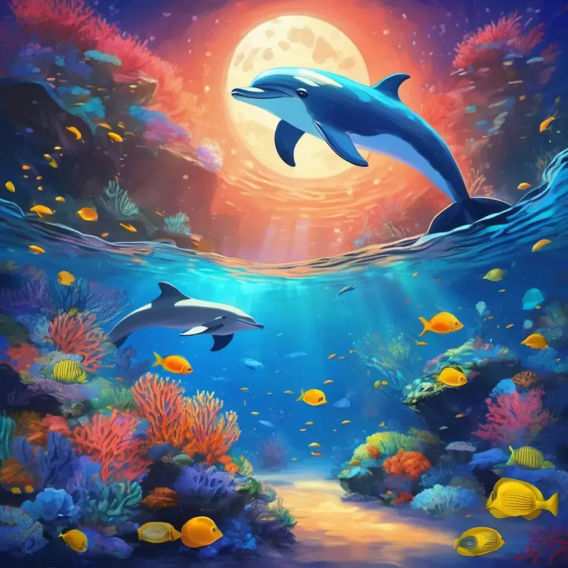 Deep ocean, coral reefs, colorful fish, playful dolphin. Moonlit ocean.