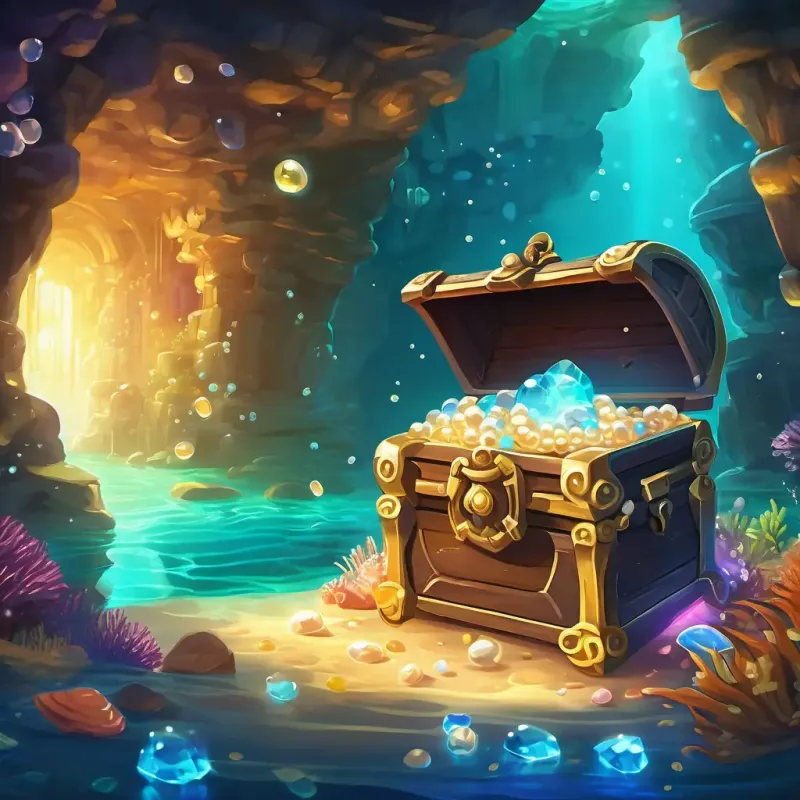 Sunken city, treasure chest, glistening pearls, sparkling gemstones. Glowing underwater cavern.