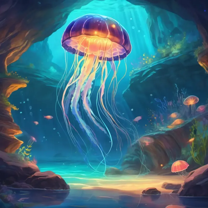 Glowing jellyfish, old sea turtle, magical dance. Bioluminescent cave.