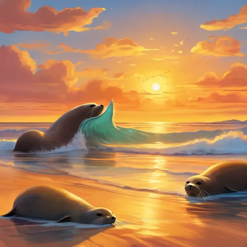 Surface, mischievous seals, race challenge. Golden sunset.