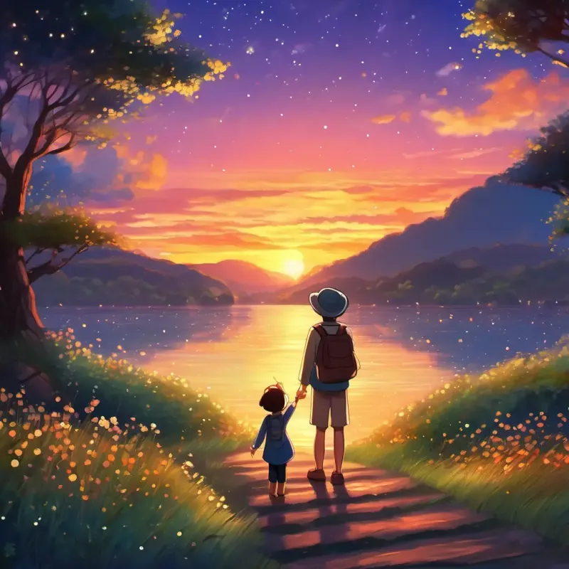Sunset, saying goodbye, promise to return home. Twinkling starry sky.