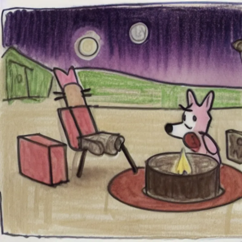 Coco pitching a chocolatey tent, sitting around a campfire