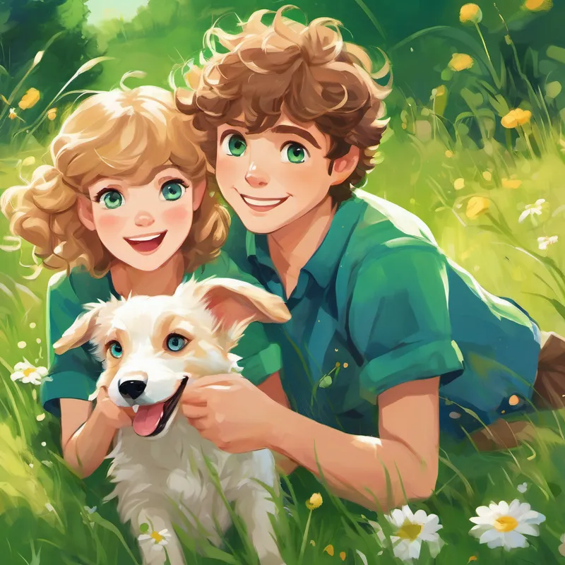 The page displays Curly brown hair, sparkling blue eyes, mischievous smile and Straight blond hair, twinkling green eyes, contagious laugh side by side, with their unique features highlighted. They are playing with their pet dog in a lush green meadow.
