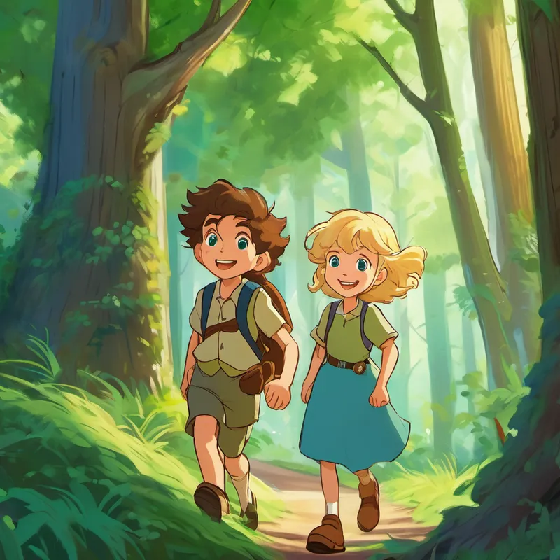 The page depicts the dense forest with tall trees and a winding trail. Curly brown hair, sparkling blue eyes, mischievous smile and Straight blond hair, twinkling green eyes, contagious laugh are peeking out from behind a tree, excitedly discussing their next adventure.