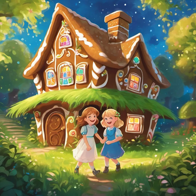 The page shows the enchanting gingerbread house in a clearing. Curly brown hair, sparkling blue eyes, mischievous smile and Straight blond hair, twinkling green eyes, contagious laugh are standing in awe, their eyes wide with delight and their mouths watering.