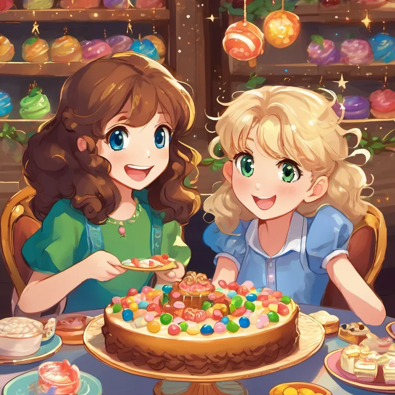 The page showcases a grand dining table filled with cakes, cookies, and candies. Curly brown hair, sparkling blue eyes, mischievous smile and Straight blond hair, twinkling green eyes, contagious laugh are sitting beside Kind smile, sparkly eyes, warm presence, their mouths full of food and their eyes shining with happiness.