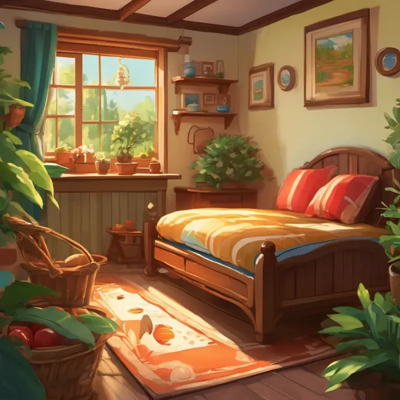 The story begins in Ben's cozy room, a small fish tank on his bedside stand. The kitchen is lively with the morning light and mouthwatering scent of pancakes. The setting changes to a well-kept lawn where Ben plays catch with his sister. A chestnut tree and an old red picnic bench serve as the place for lunch, with houses as a backdrop. The scene shifts to a quiet creek surrounded by nature. The story ends back in Ben's room, now dimly lighted and peaceful, as he gets in bed, ready for sleep.