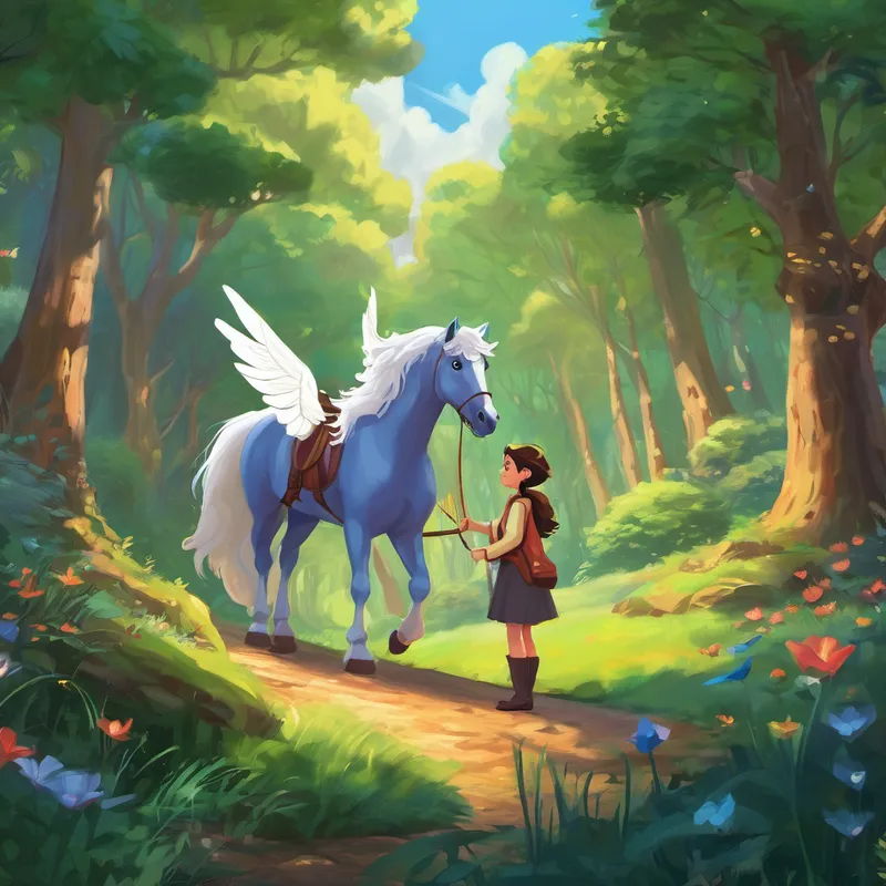 - Picture: Alya with her new friends practicing spells in a magical forest. 2. The Flying Horse:
One sunny day, Alya found a lost, winged horse. With her kind heart, Alya helped reunite the horse with its family, and as a reward, they took her on a thrilling flying adventure across Al's vast skies.