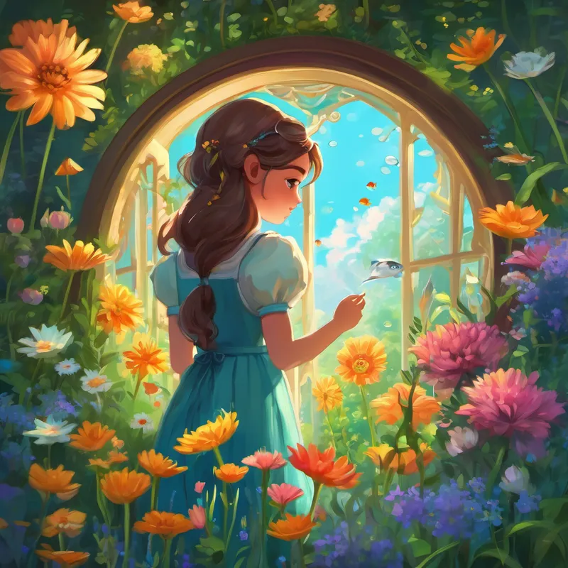 - Picture: Alya standing in front of the magic mirror, captivated by the underwater world within. 5. The Talking Flowers:
Alya found a meadow filled with flowers that could talk! She listened to stories about their colorful lives and organized a grand flower parade to celebrate their uniqueness.