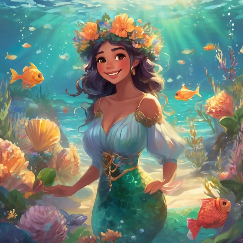 - Picture: Alya wearing a flower crown, surrounded by talking flowers, laughing and dancing. 6. The Lost Mermaid:
While exploring Al's sparkling beaches, Alya heard a faint cry for help. It was a lost mermaid stuck in a fishing net. Alya quickly freed her, and to express her gratitude, the mermaid gave Alya a magical seashell that granted wishes.