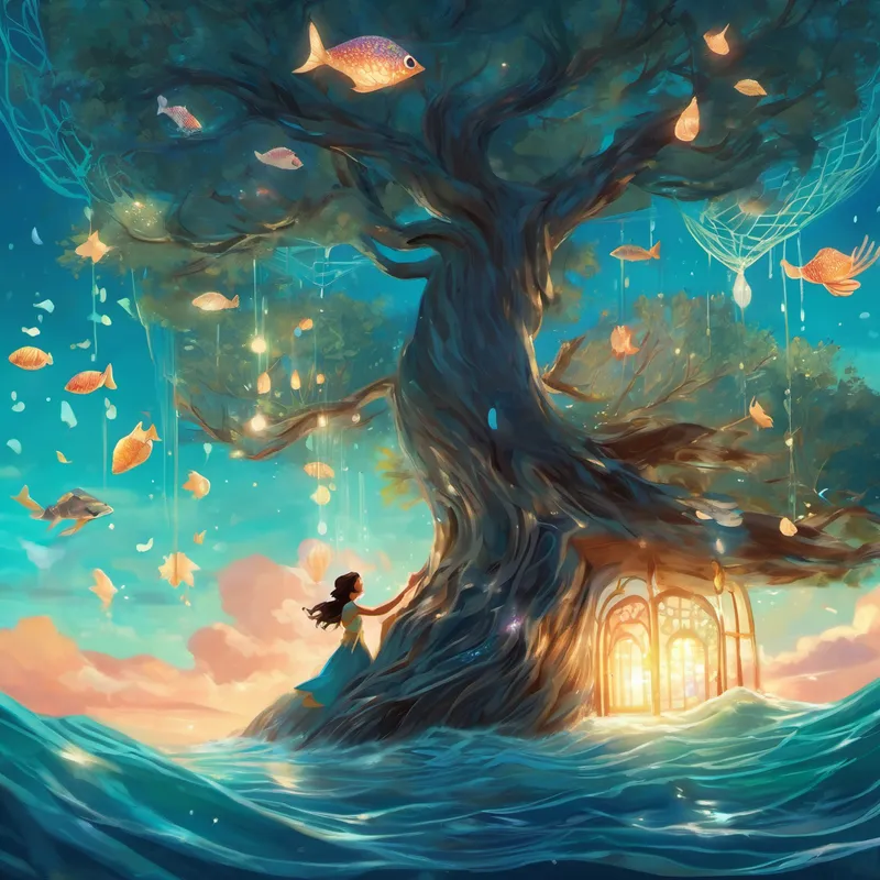 - Picture: Alya releasing the mermaid from the net, with the shimmering seashell in her hands. 7. The Whispering Winds:
One stormy night, Alya couldn't sleep. Curious, she followed the whispers of the wind into the dark forest. The wind stories led her to an ancient tree where she discovered the hidden secret of making dreams come true.