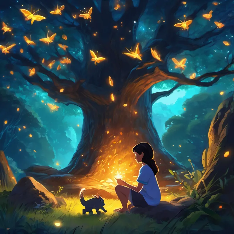 - Picture: Alya sitting under the wise ancient tree, surrounded by glowing fireflies. 8. The Friendly Dragon:
While exploring a magical cave, Alya helped a young dragon with a thorn in its foot. The grateful dragon became Alya's best friend, and together, they flew through Al, spreading kindness and joy.