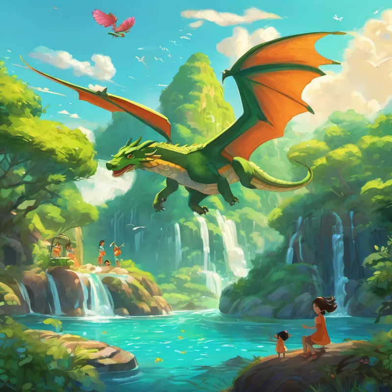 - Picture: Alya and the dragon flying above Al, waving at happy creatures below. 9. The Secret Lagoon:
On a hot summer day, Alya discovered a secret lagoon with shimmering waterfalls and playful water sprites. They shared a magical splash-filled afternoon, leaving Alya with sweet memories.
