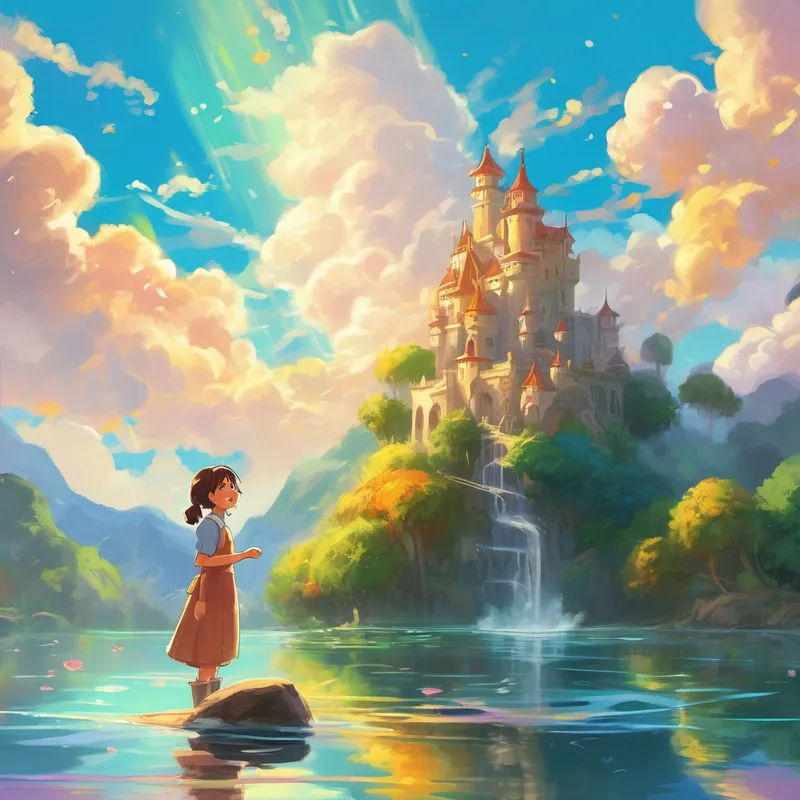 - Picture: Alya laughing with water sprites in the sparkling lagoon under the golden sun. 10. The Cloud Castle:
Alya found a hidden staircase made of rainbow mist that led her to a cloud castle in the sky. There, she met other children from different realms and they played games in the fluffy clouds all day long.