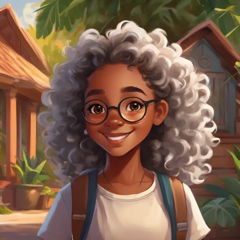 Introduces A young black girl, brown eyes, curly hair, joyful expression and Warm smile, silver hair, wears glasses, Jamaican roots's home with Jamaican influences.