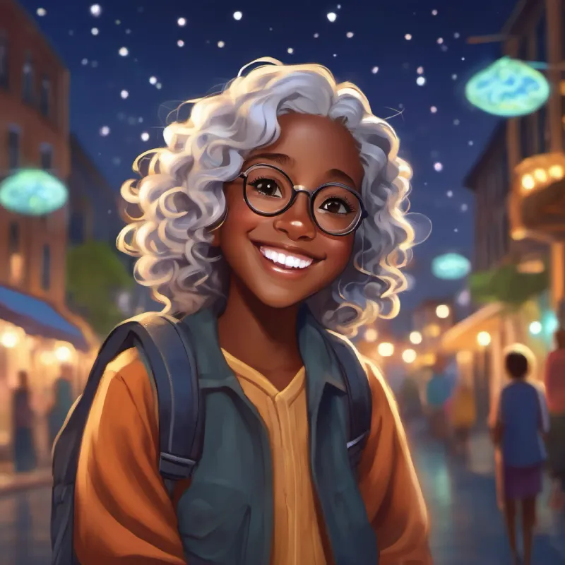 Warm smile, silver hair, wears glasses, Jamaican roots shares the magical night with A young black girl, brown eyes, curly hair, joyful expression with a special promise.