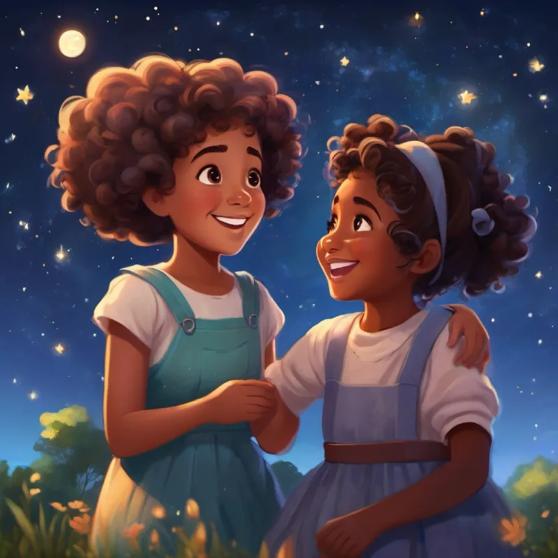 Grandma and A young black girl, brown eyes, curly hair, joyful expression prepare to watch the stars and share stories.