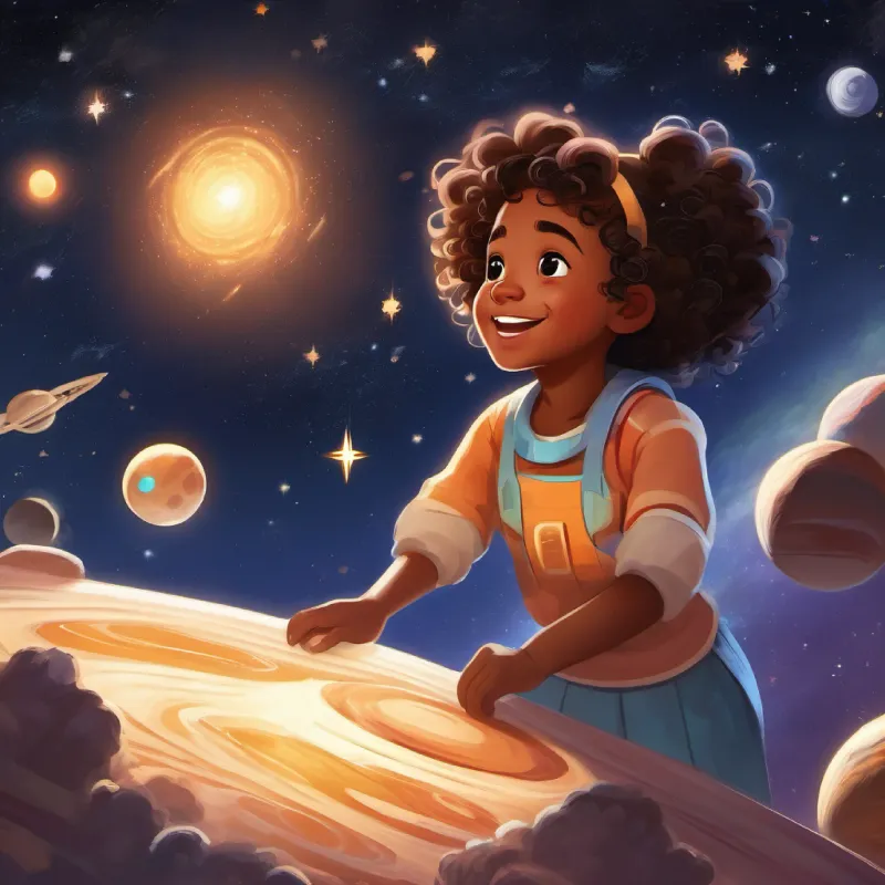 A young black girl, brown eyes, curly hair, joyful expression is captivated by Grandma's star stories, imagining space adventures.