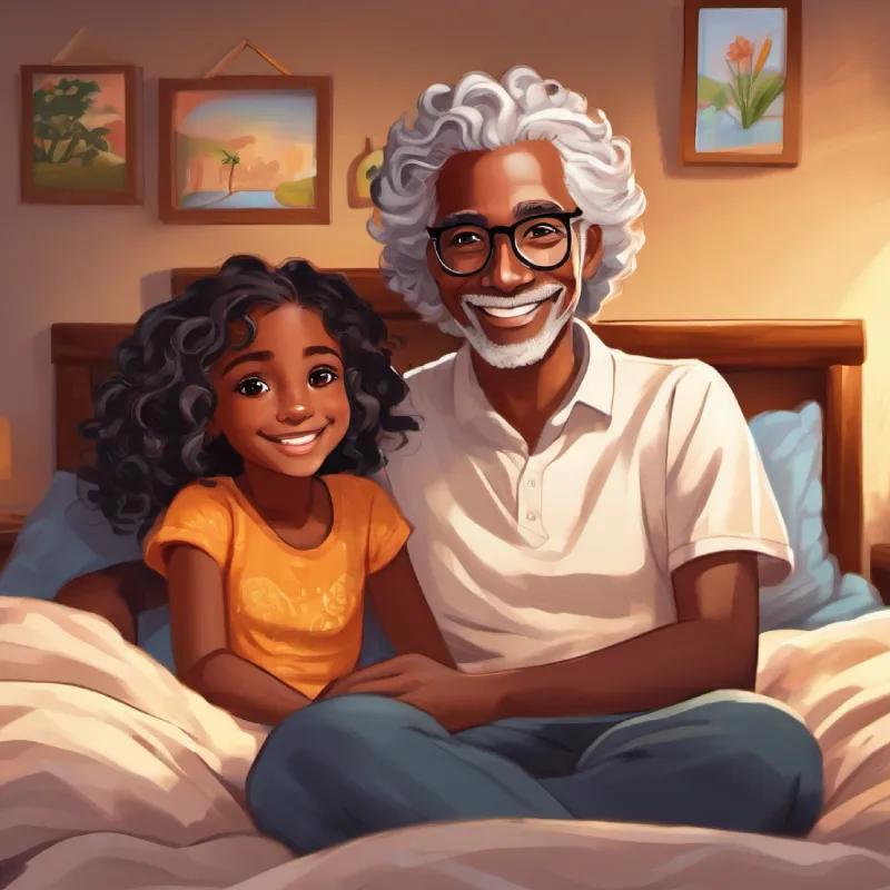 Warm smile, silver hair, wears glasses, Jamaican roots tucks A young black girl, brown eyes, curly hair, joyful expression into bed with a loving message.