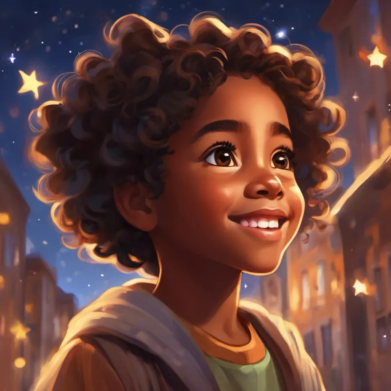A young black girl, brown eyes, curly hair, joyful expression dreams of being a star-hero, feeling empowered and loved.