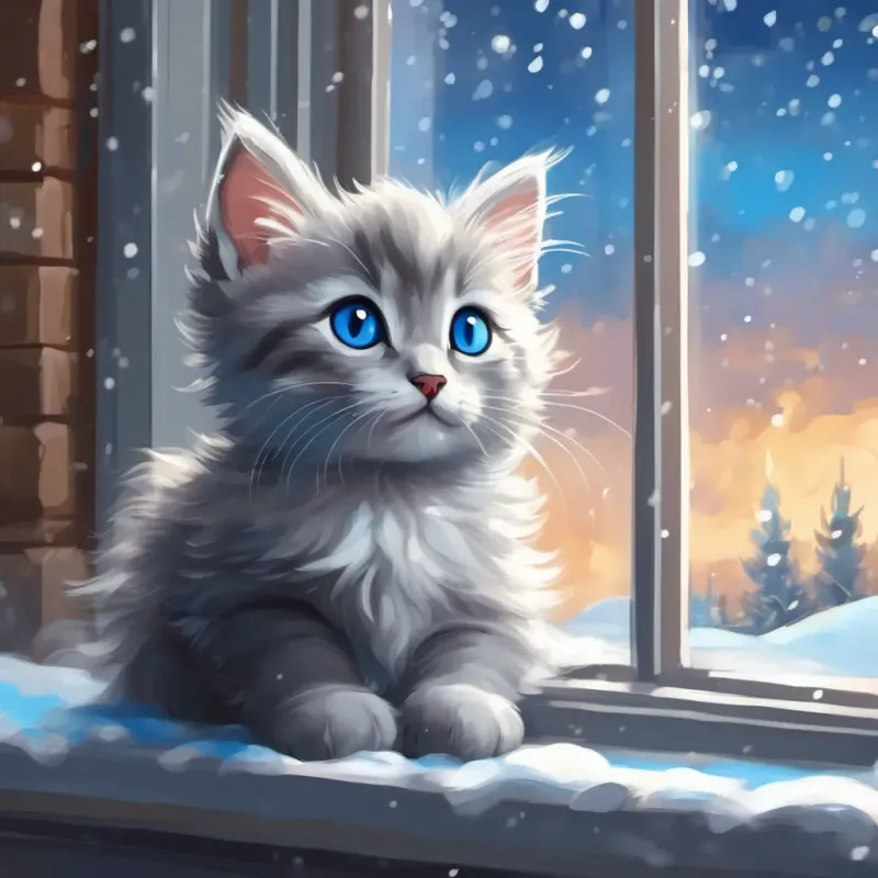 Introducing Small, fluffy gray kitten with bright blue eyes, watching snow from the window.