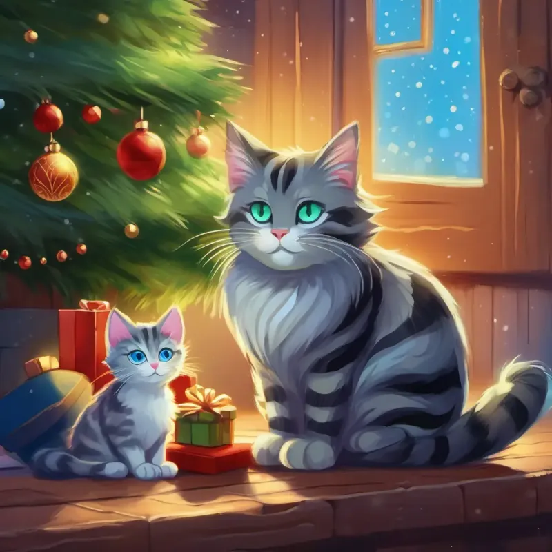 Older, striped cat with green eyes and a wise face shares Christmas tales with Small, fluffy gray kitten with bright blue eyes.