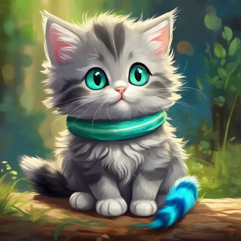 Small, fluffy gray kitten with bright blue eyes treasures her friendship with Older, striped cat with green eyes and a wise face.