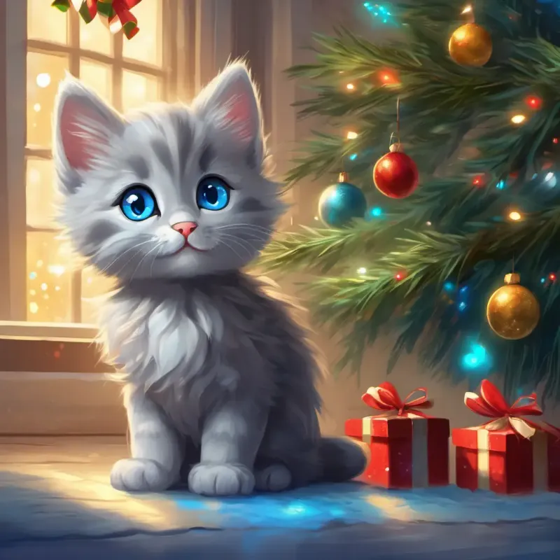 Small, fluffy gray kitten with bright blue eyes sees a decorated Christmas tree indoors.