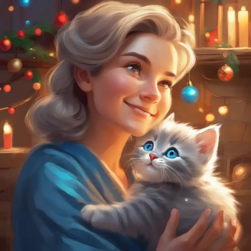 Affectionate human mother with kind eyes, often smiling explains Christmas to Small, fluffy gray kitten with bright blue eyes.