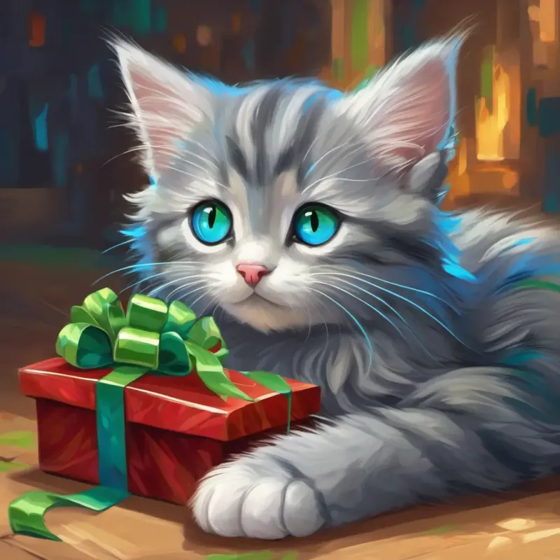 Small, fluffy gray kitten with bright blue eyes and Older, striped cat with green eyes and a wise face pondering gift ideas.
