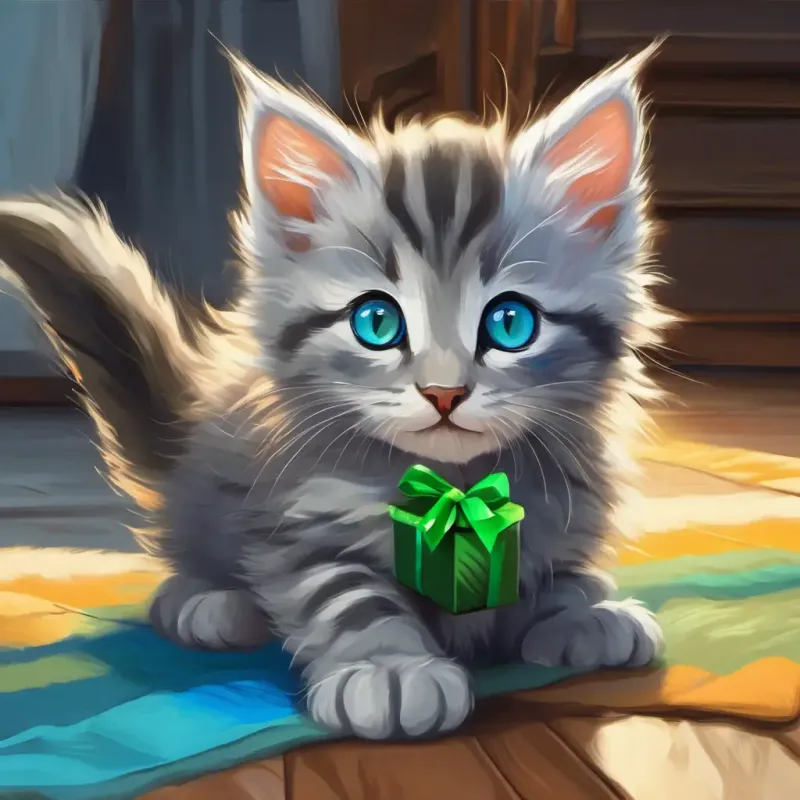 Small, fluffy gray kitten with bright blue eyes and Older, striped cat with green eyes and a wise face craft a gift.