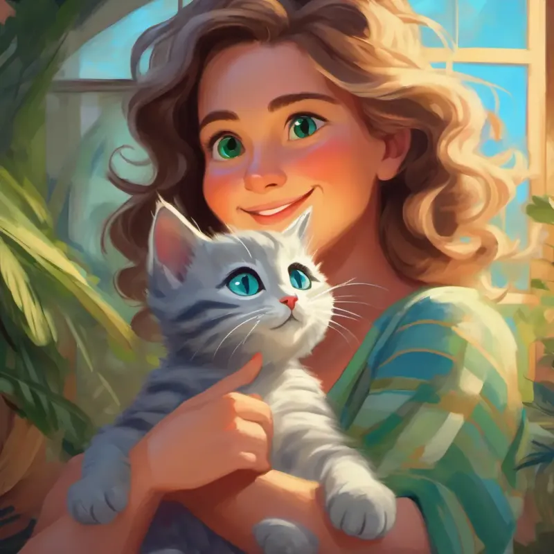 Affectionate human mother with kind eyes, often smiling discovers Small, fluffy gray kitten with bright blue eyes and Older, striped cat with green eyes and a wise face' present.