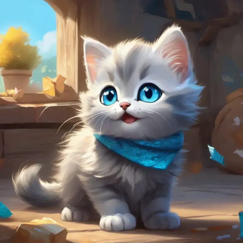 Small, fluffy gray kitten with bright blue eyes experiences the joy of giving.