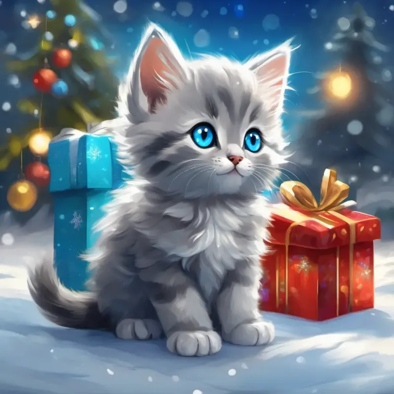 Small, fluffy gray kitten with bright blue eyes receives a Christmas gift.
