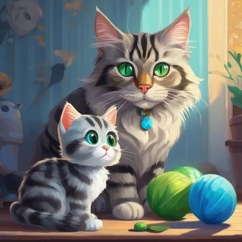 Older, striped cat with green eyes and a wise face shares his toy with Small, fluffy gray kitten with bright blue eyes.