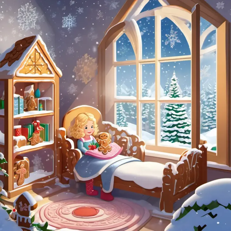 Adrijana is in her cozy room with big windows showing the snowy landscape. The gingerbread girl is outside, surrounded by snowflakes and giggling.