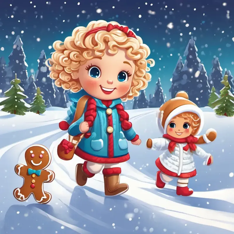 Adrijana and the gingerbread girl are walking hand in hand through the snowy fields, with big smiles on their faces.