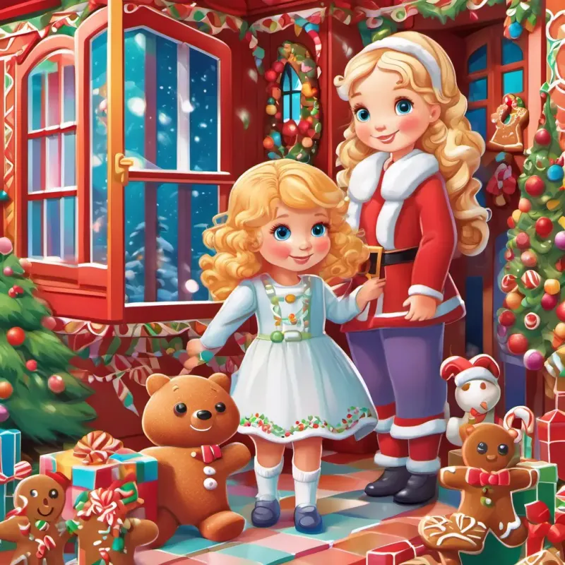 Adrijana and the gingerbread girl are standing in front of a colorful house with Santa peeking through the window, waving.
