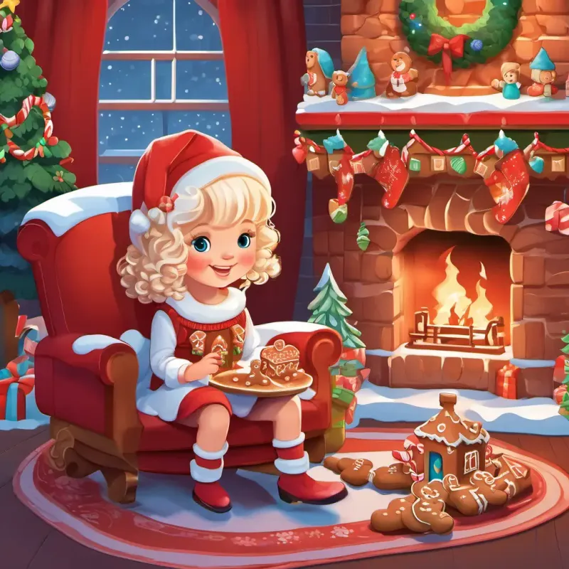 Adrijana, the gingerbread girl, and Santa are sitting around a cozy fireplace, laughing and sipping hot chocolate.