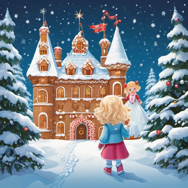 Adrijana is waving goodbye to Santa and the gingerbread girl while walking back to her castle under the snowy sky.