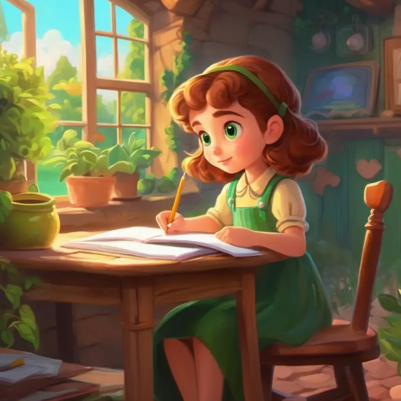 Introduction to Curious girl with big green eyes, loves to write and draw and Storyland's setting.